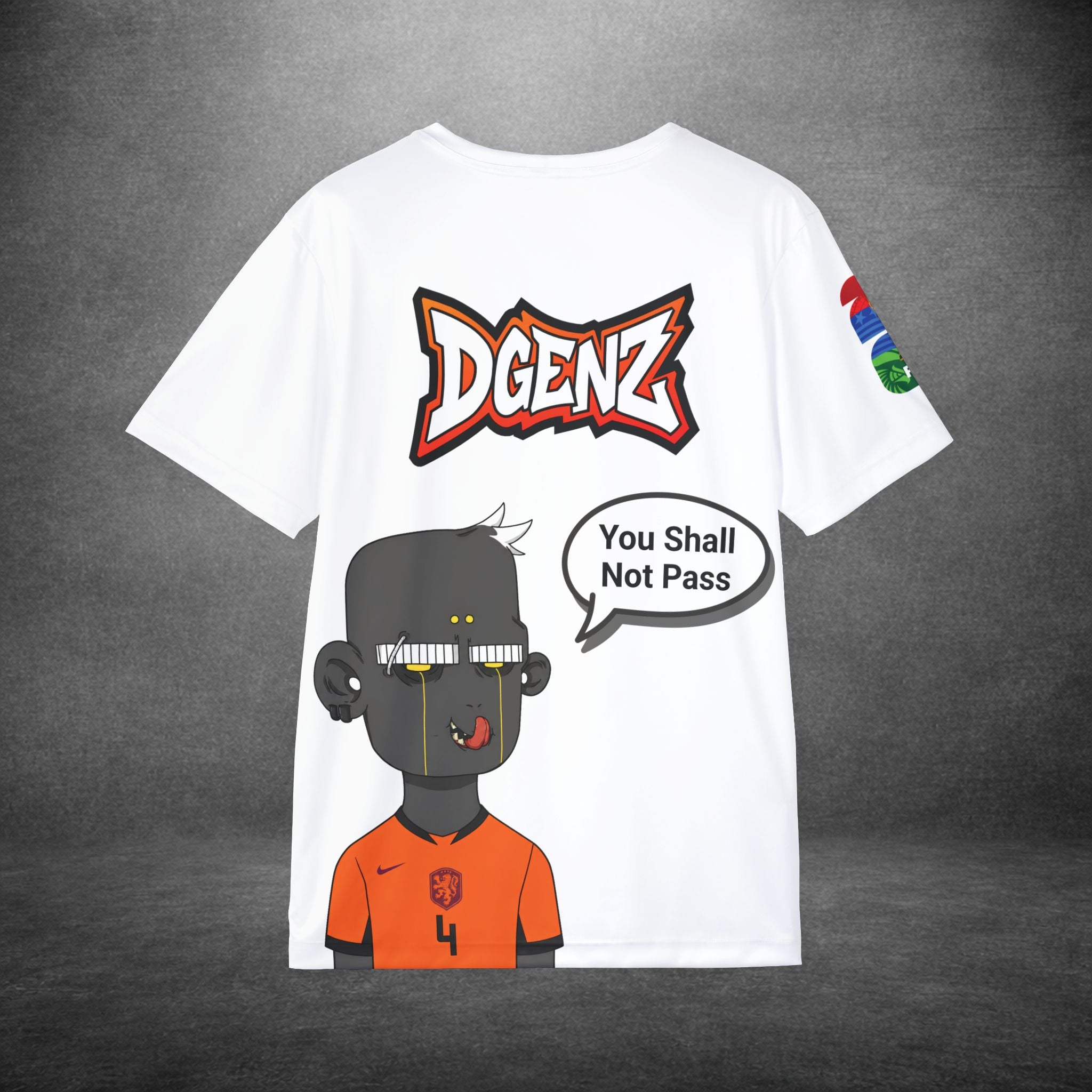 FIFA x DGENZ Netherlands #4 Virgil van Dijk jersey back design on white sports shirt with custom speech bubble and Oranje-inspired character graphic