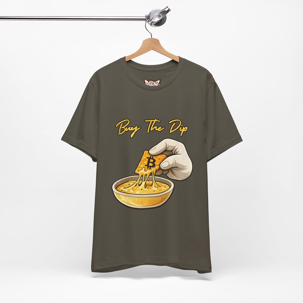 Army color Buy The Dip Bitcoin T-Shirt mockup featuring funny crypto trader design