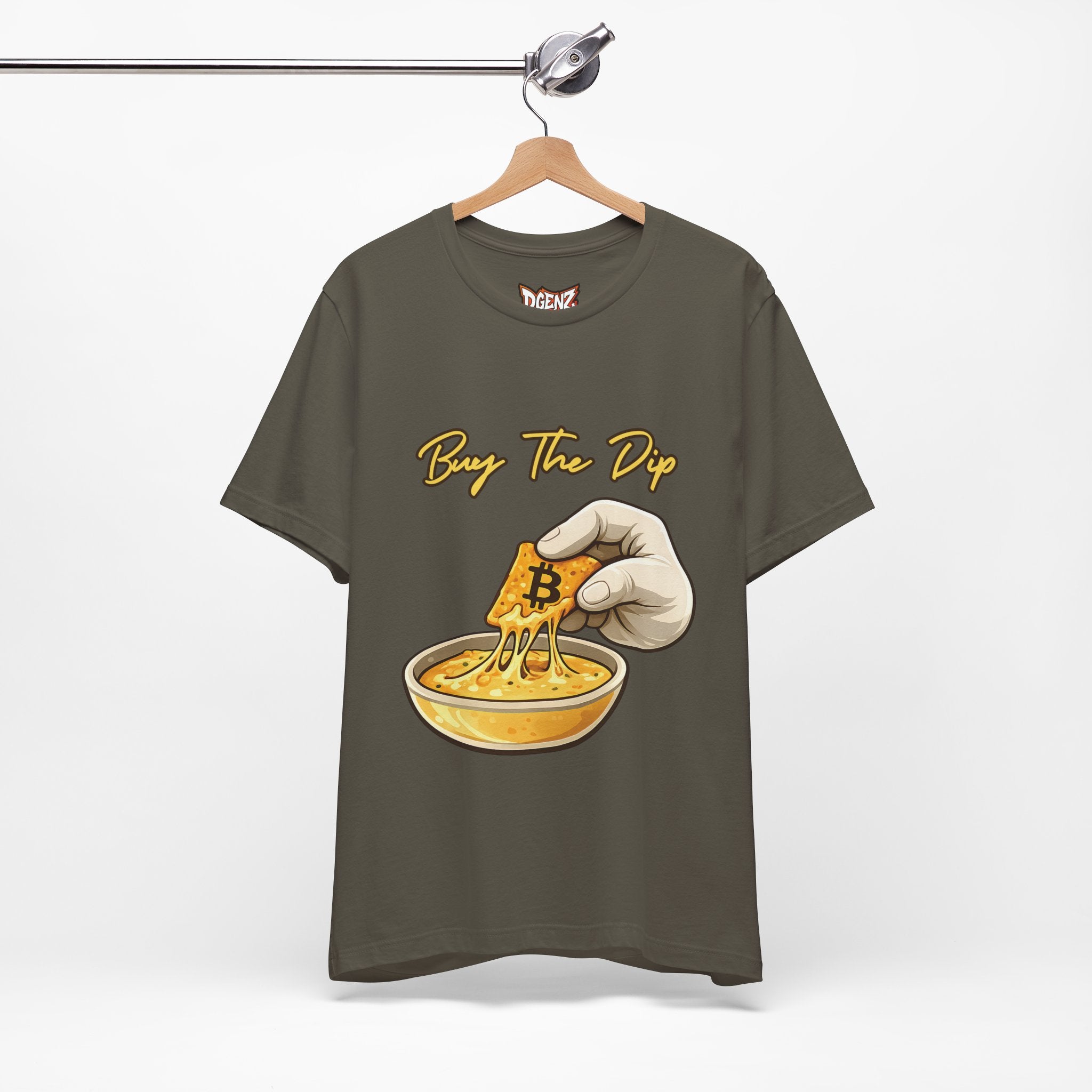Army color Buy The Dip Bitcoin T-Shirt mockup featuring funny crypto trader design