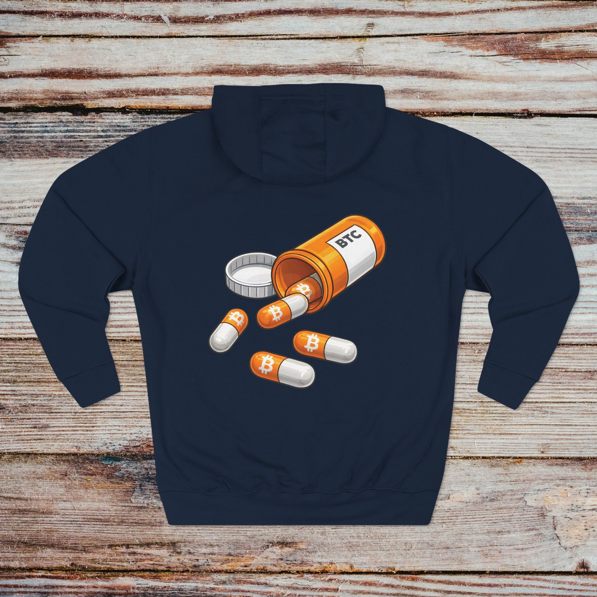 Navy Take the Orange Pill hoodie back Bitcoin themed artwork