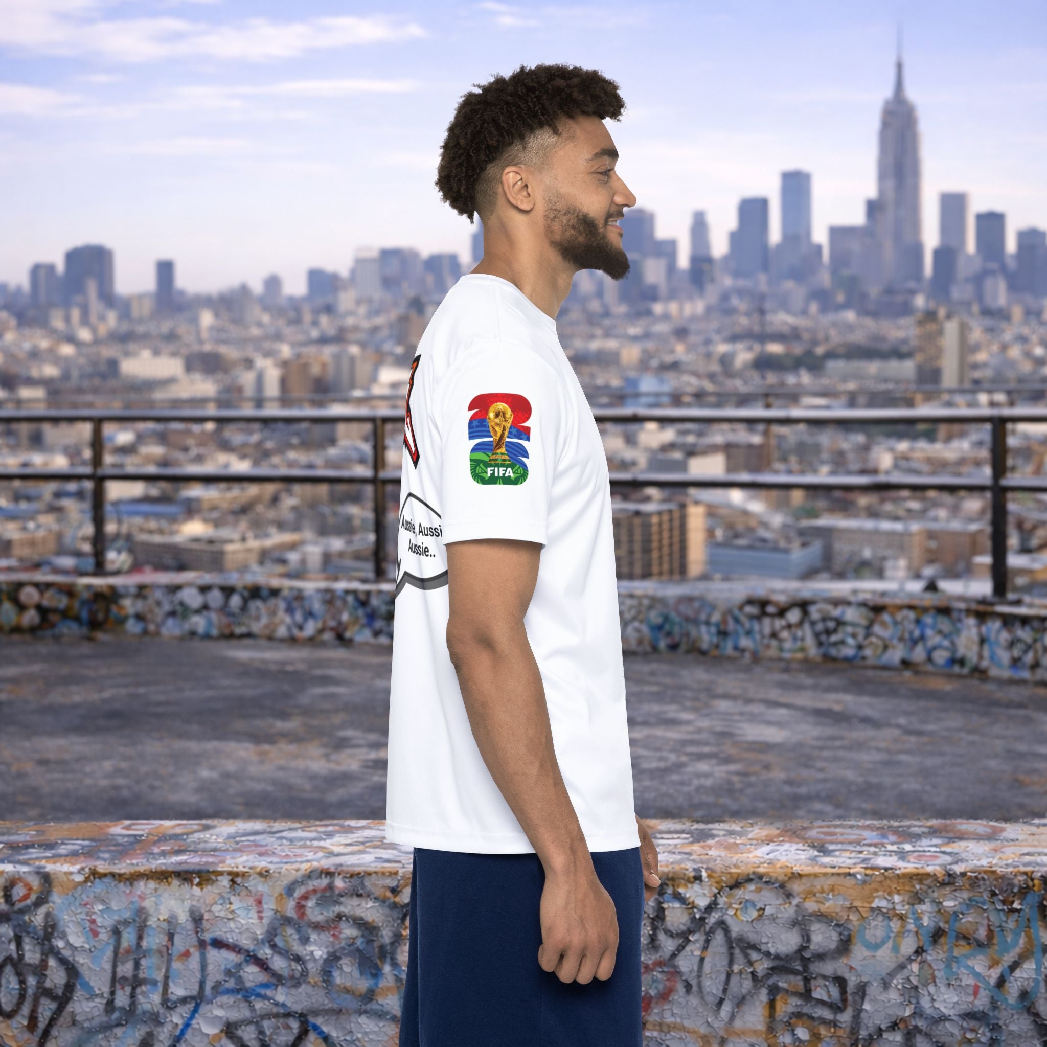 Side profile of FIFA x DGENZ Australia soccer jersey featuring Socceroos-inspired artwork