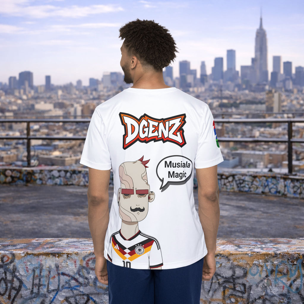 Back view of male model wearing white FIFA x DGENZ Germany jersey with Musiala-inspired character graphic and speech bubble