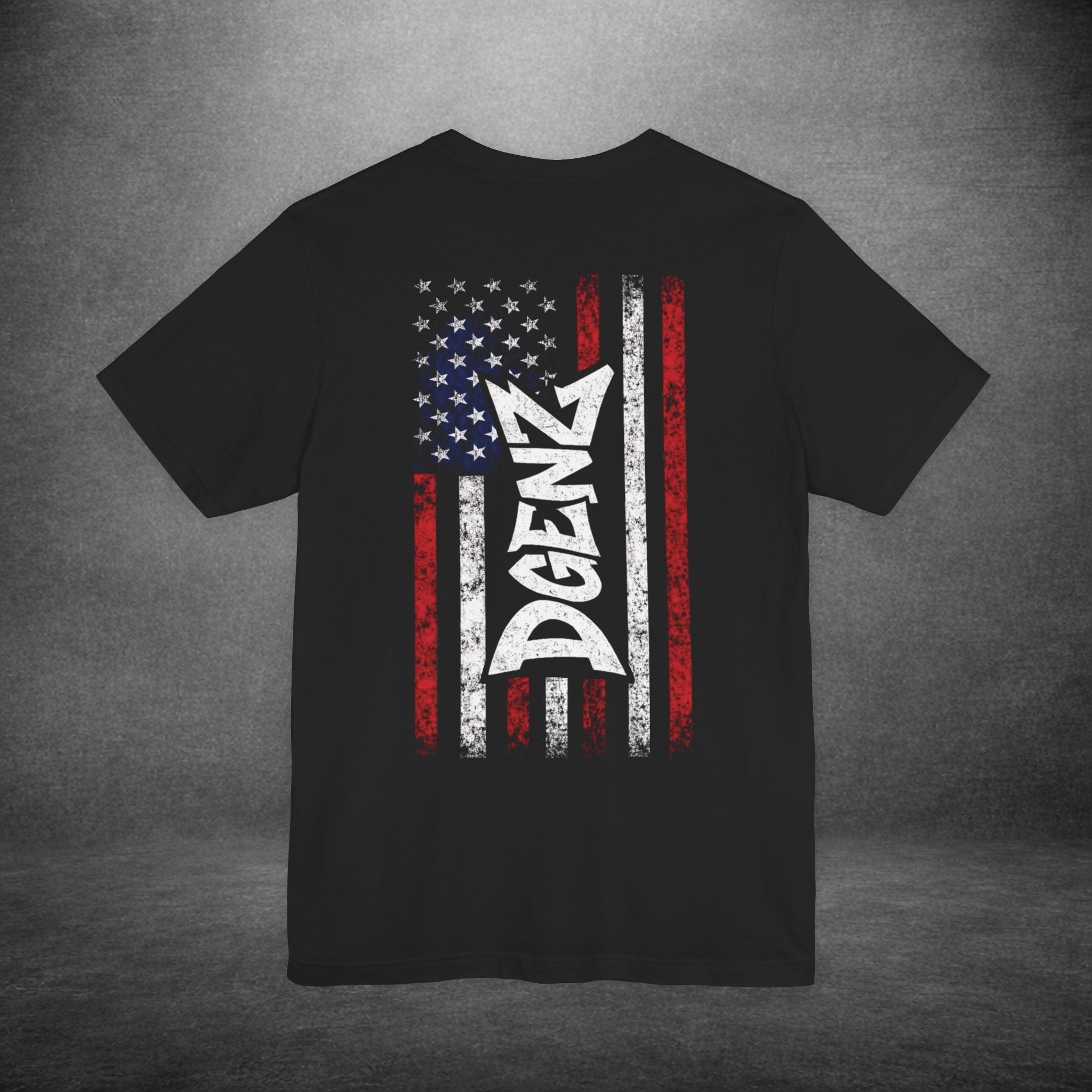 DGENZ USA Flag t-shirt back view featuring distressed American flag and DGENZ graphic print