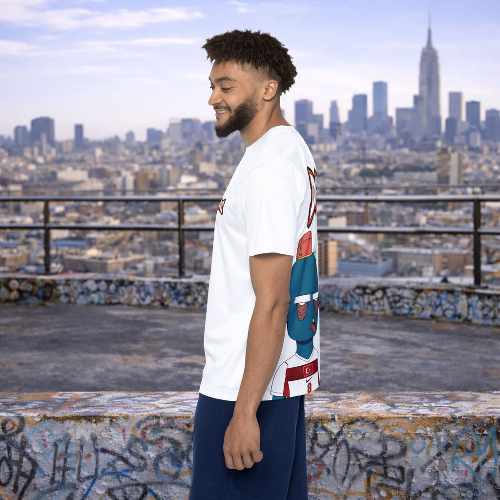 Male model wearing Turkey Arda Güler #8 soccer jersey on urban rooftop backdrop