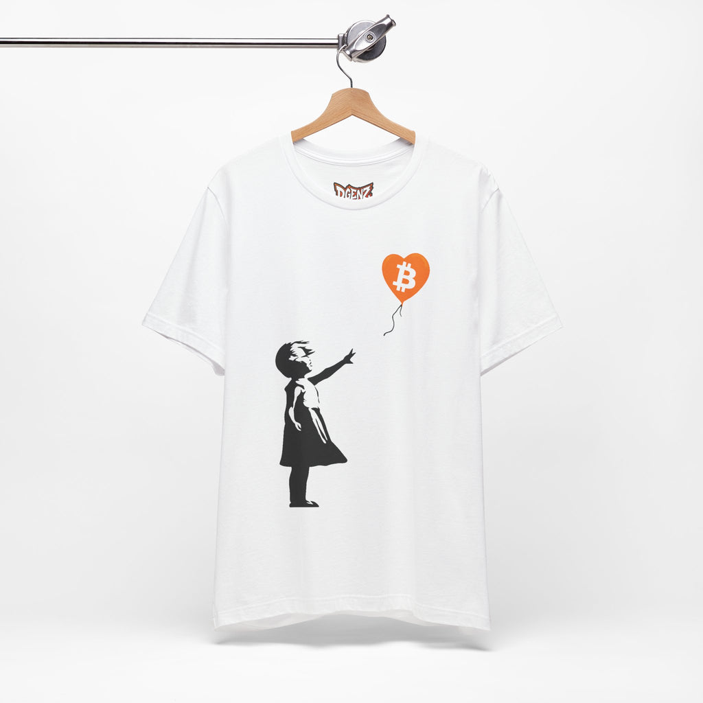 White Bitcoin Banksy T-Shirt hanging mockup with Girl With Balloon BTC design