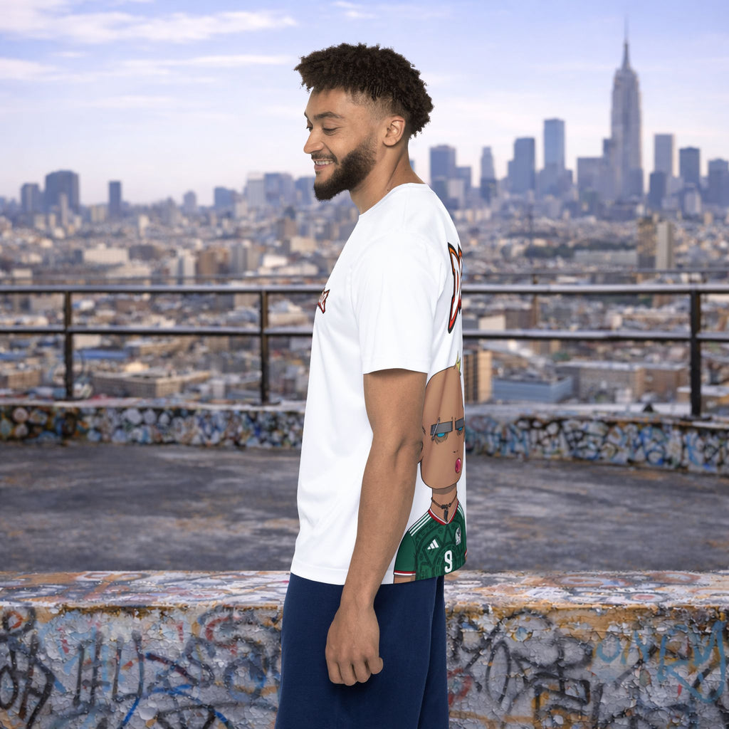 Side profile of FIFA x DGENZ Mexico soccer jersey worn by male model on urban rooftop