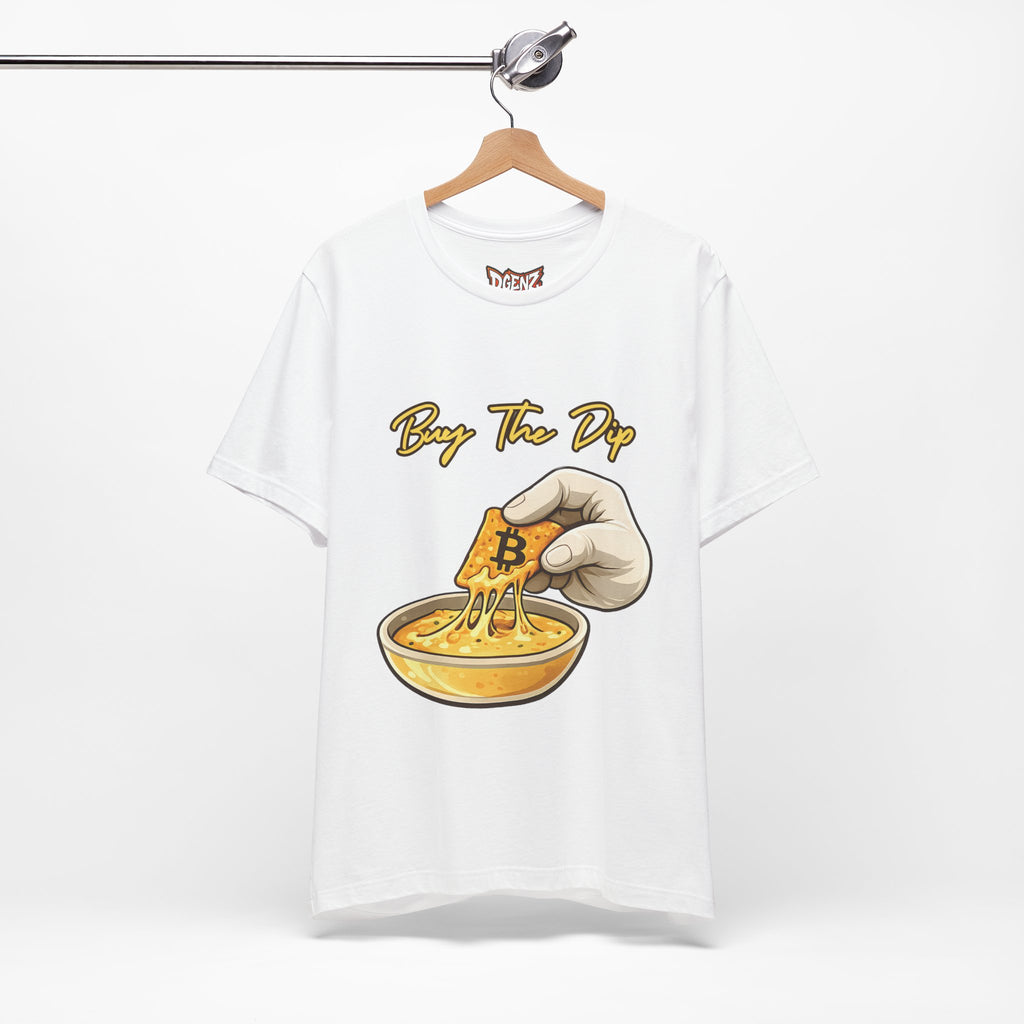 White Buy The Dip Bitcoin T-Shirt mockup with funny BTC dip buying graphic