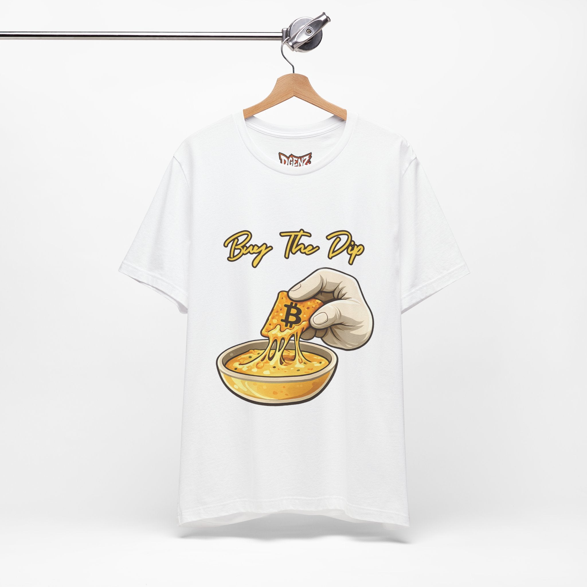 White Buy The Dip Bitcoin T-Shirt mockup with funny BTC dip buying graphic