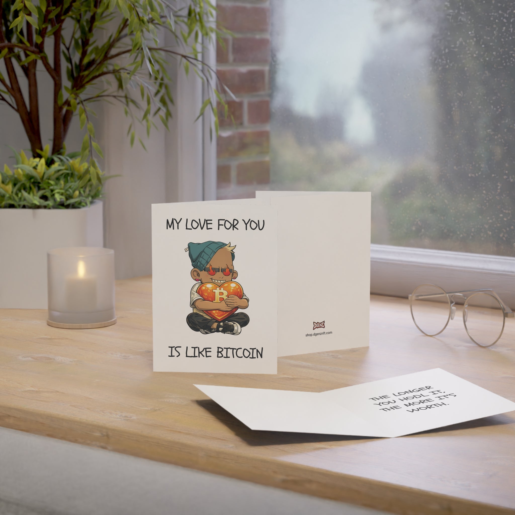 Crypto Valentine’s Day card featuring a Degen Boyz character hugging a Bitcoin heart displayed on a table