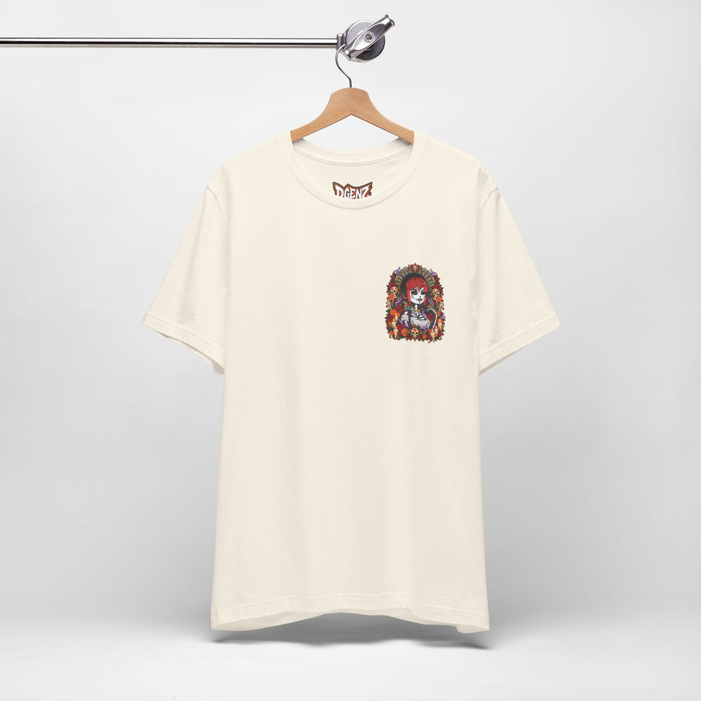 Natural DGENZ Día de los Muertos T-Shirt hanging mockup with sugar skull chest artwork