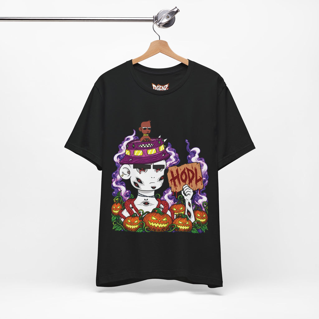 Black Radiated Boyz Halloween NFT T-Shirt mockup with HODL and jack-o-lantern design