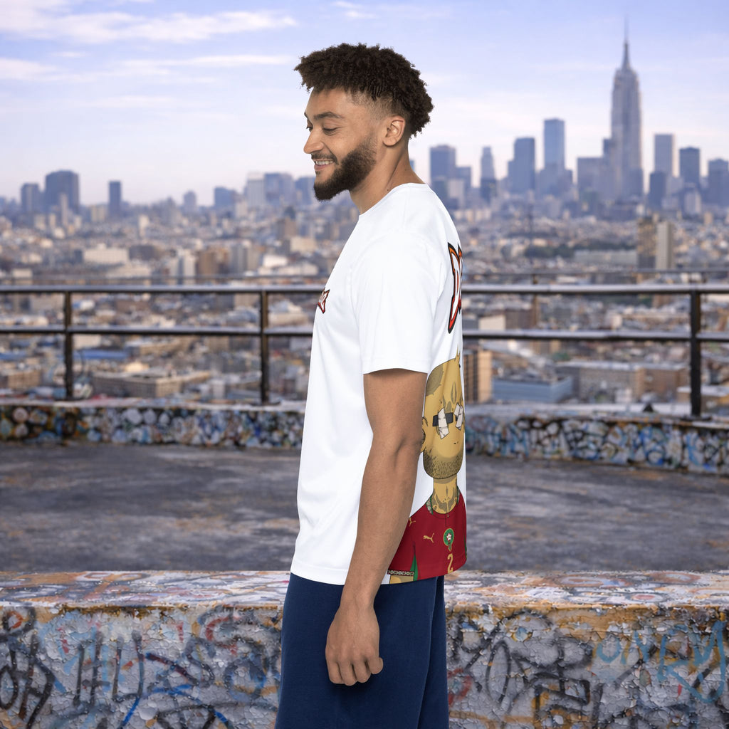 Angled side view of male model wearing white Morocco jersey with back graphic partially visible