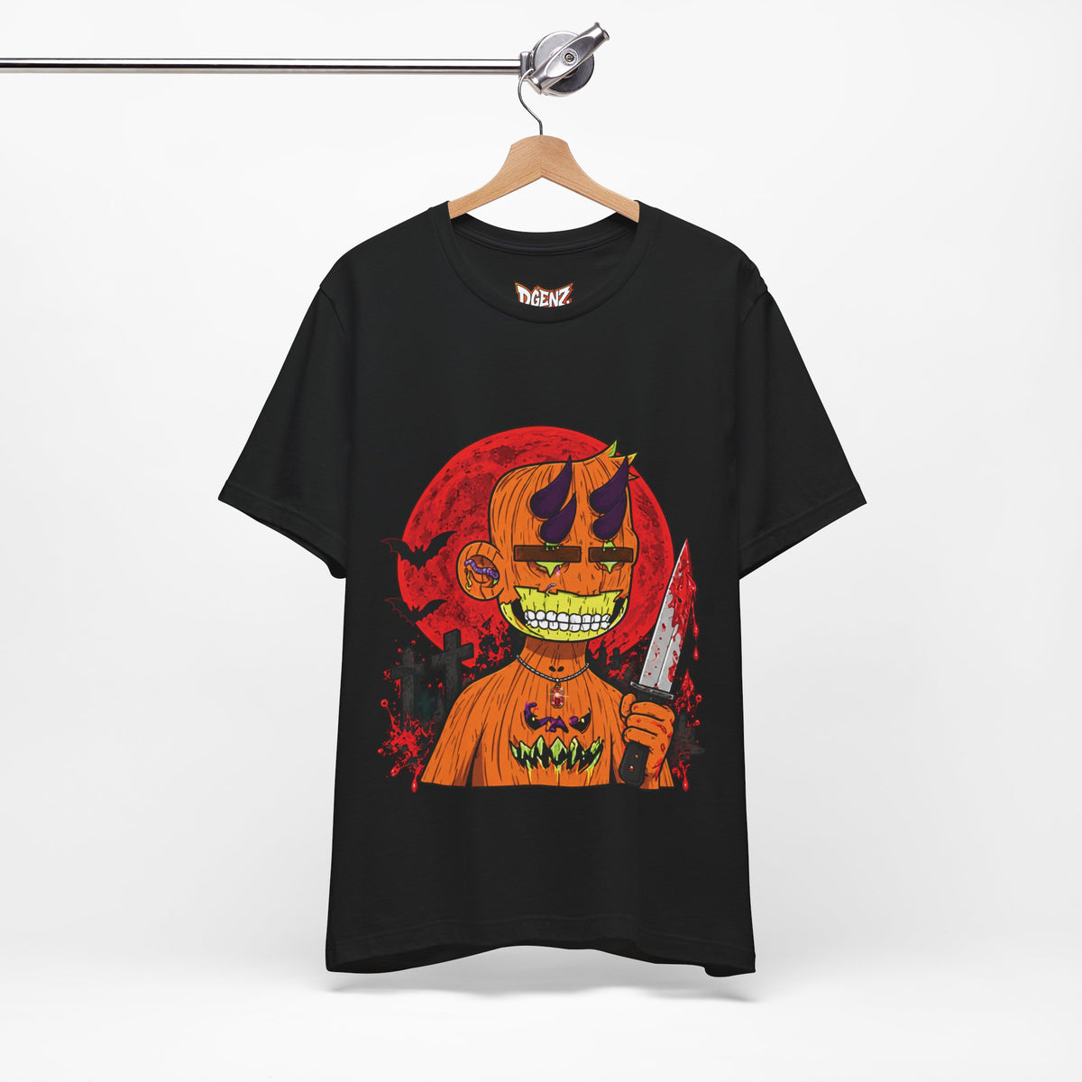 Black Radiated Boyz Halloween NFT T-Shirt with pumpkin character and blood moon graphic
