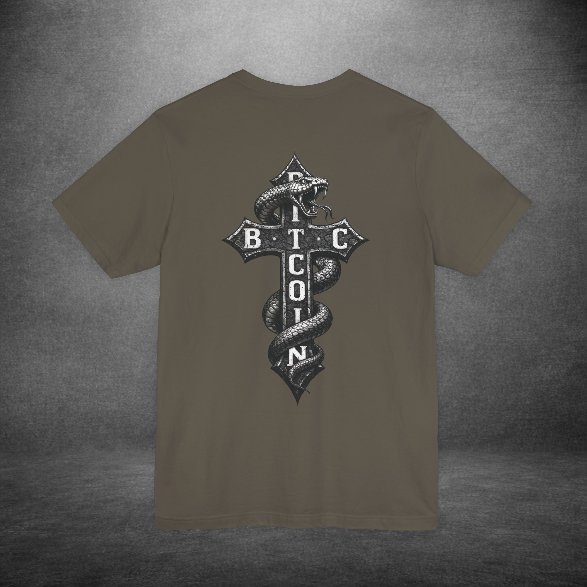 Modern crypto graphic tee with serpent and BTC lettering