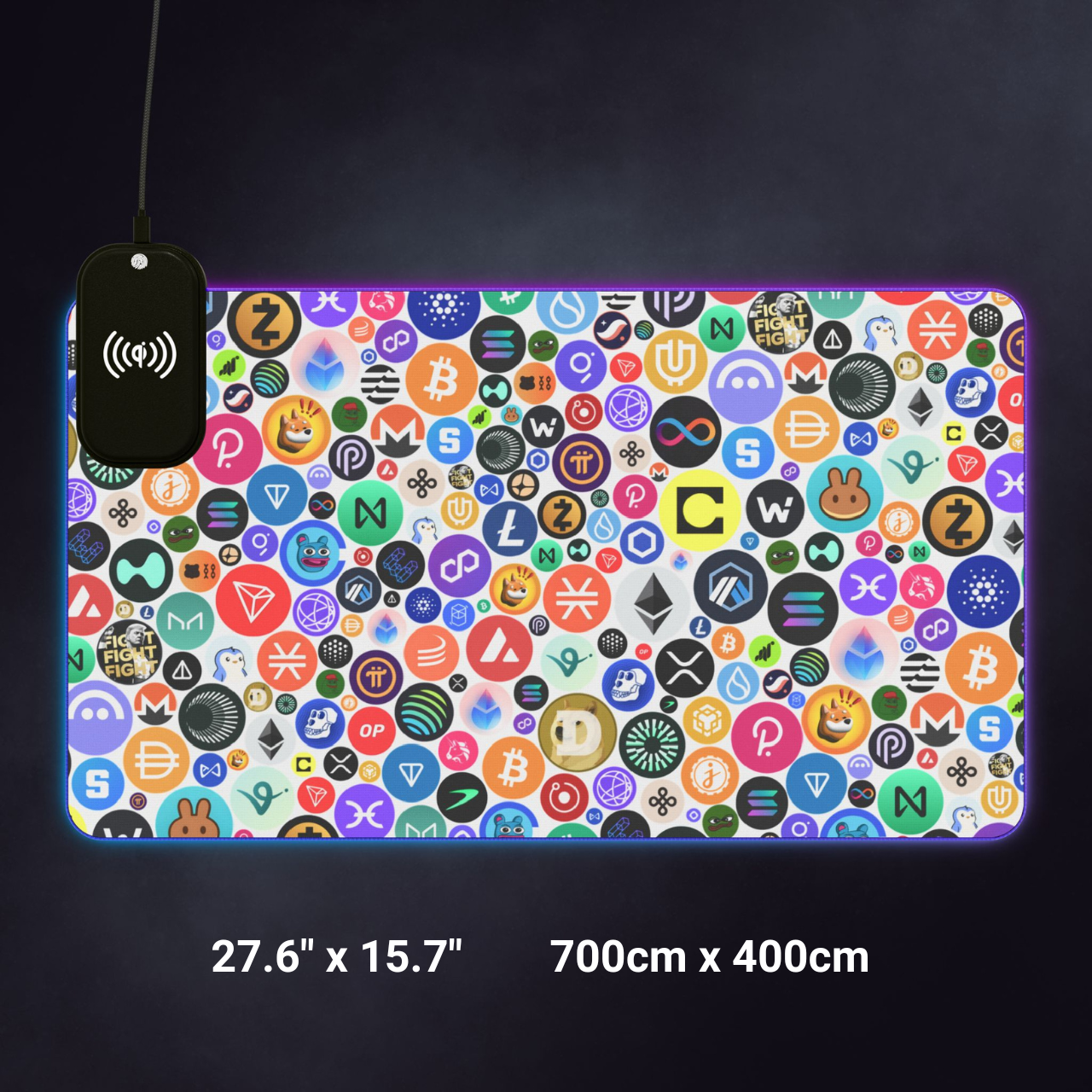 LED mouse pad showing full surface crypto logo collage