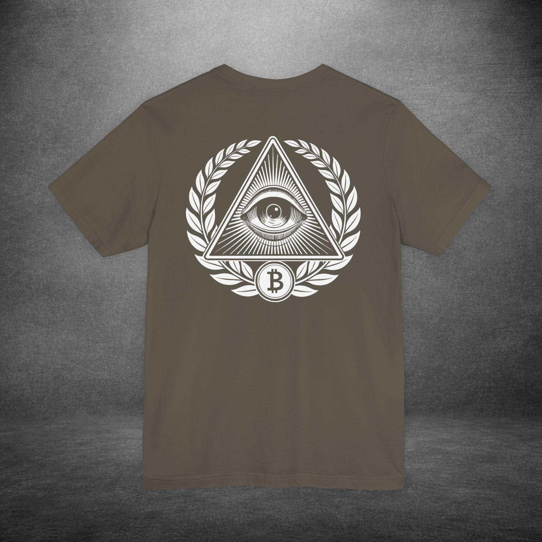 Modern crypto graphic tee with Illuminati style Bitcoin design