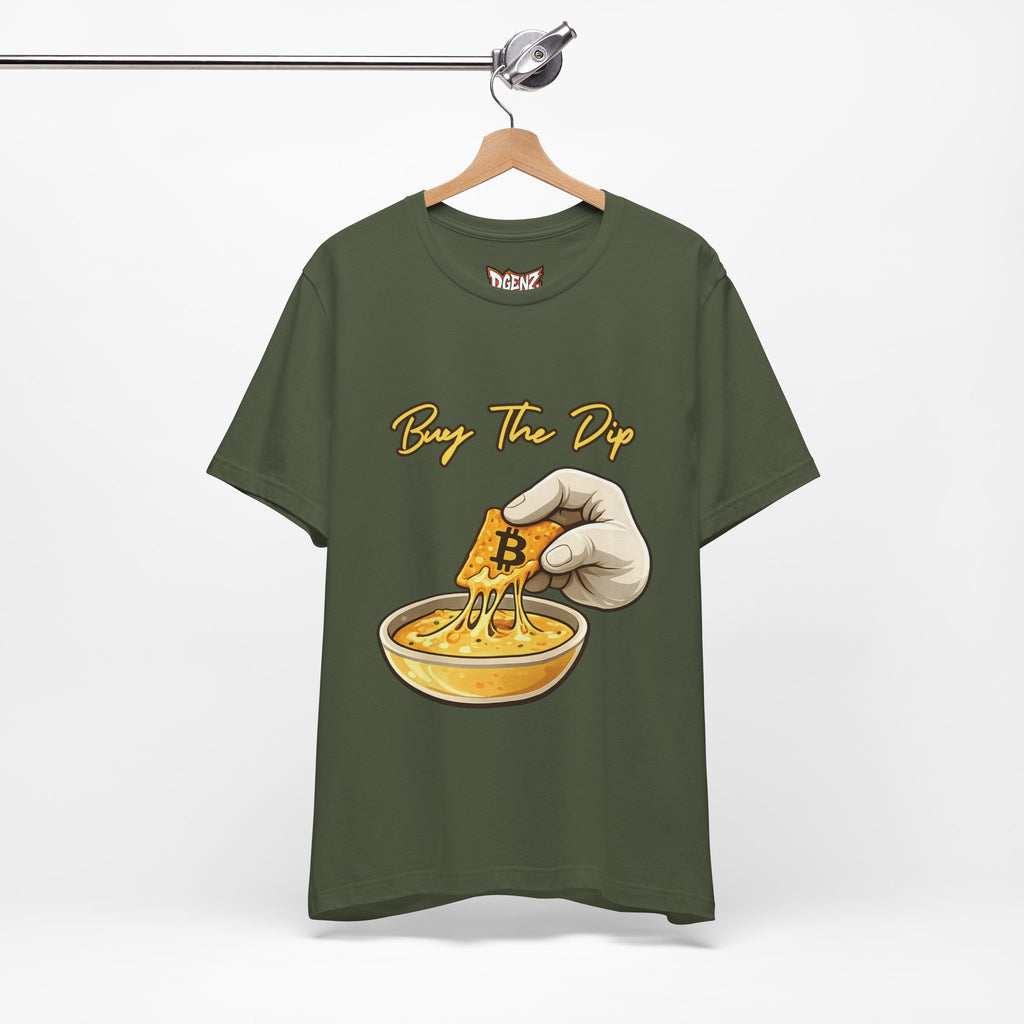 Military green Buy The Dip Bitcoin T-Shirt with BTC tortilla chip dip artwork