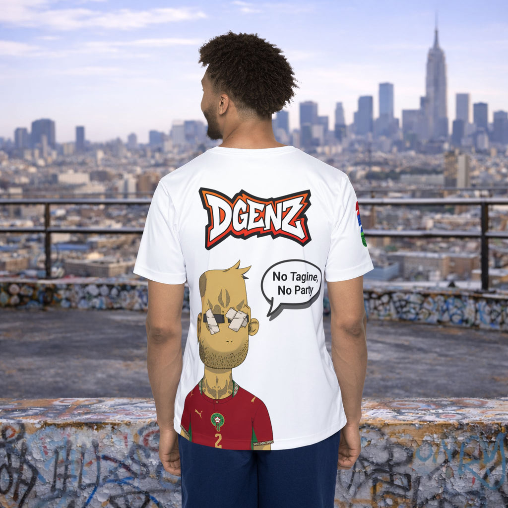 Male model back view wearing white Morocco Achraf Hakimi #2 jersey with cartoon graphic and speech bubble