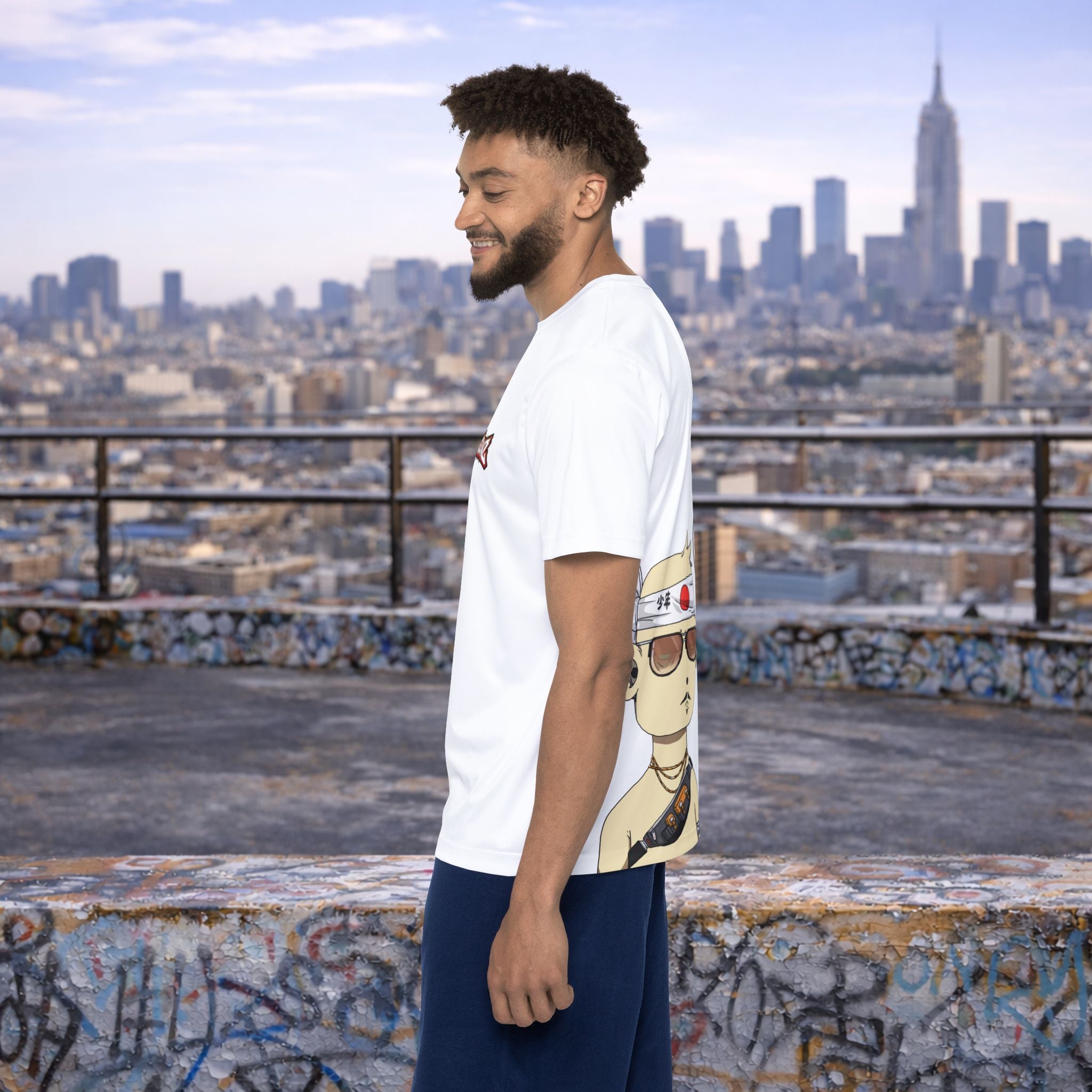 Side view of model wearing personalized Dgenz NFT t-shirt in outdoor city setting