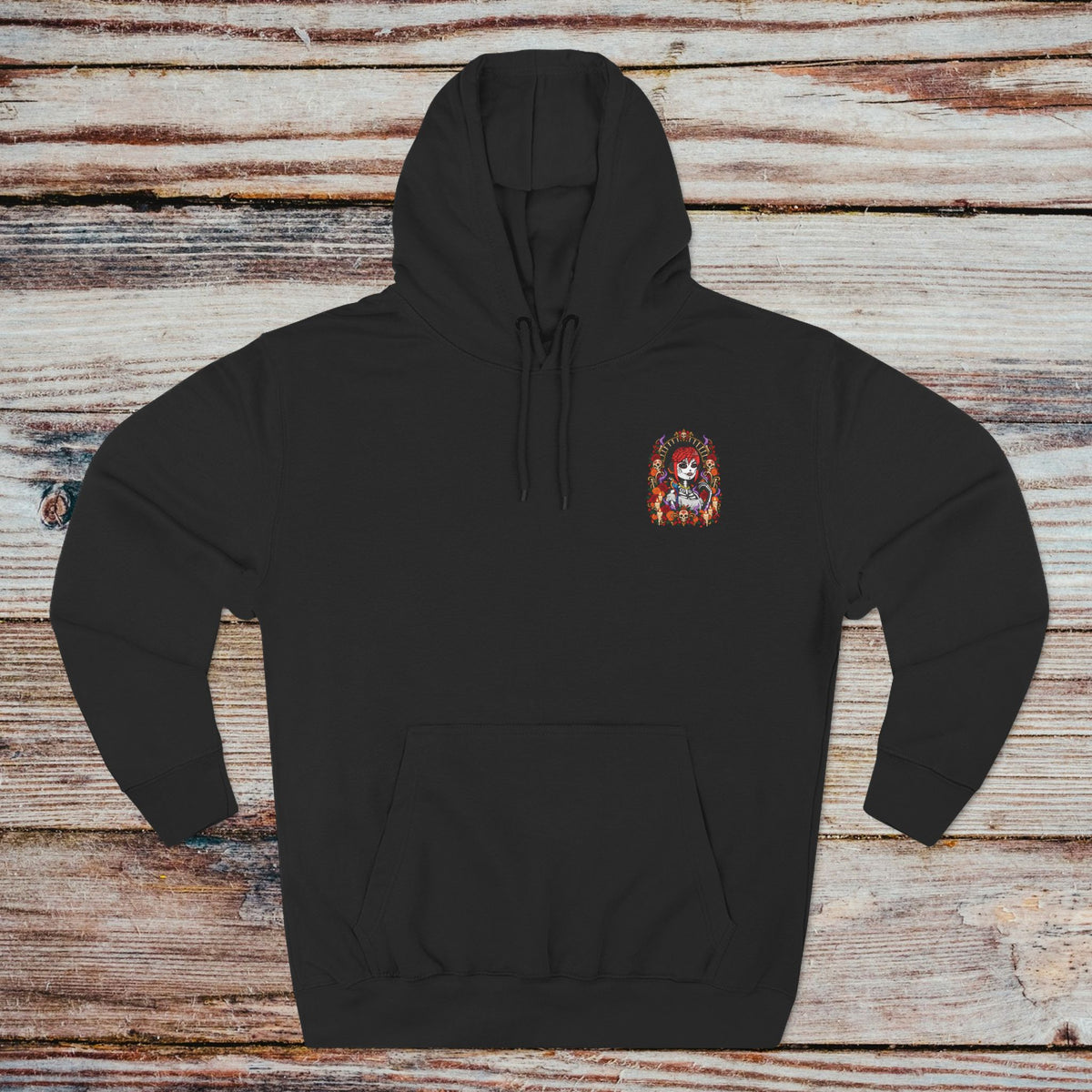 Black DGENZ Calavera Halloween Hoodie front with small NFT chest artwork