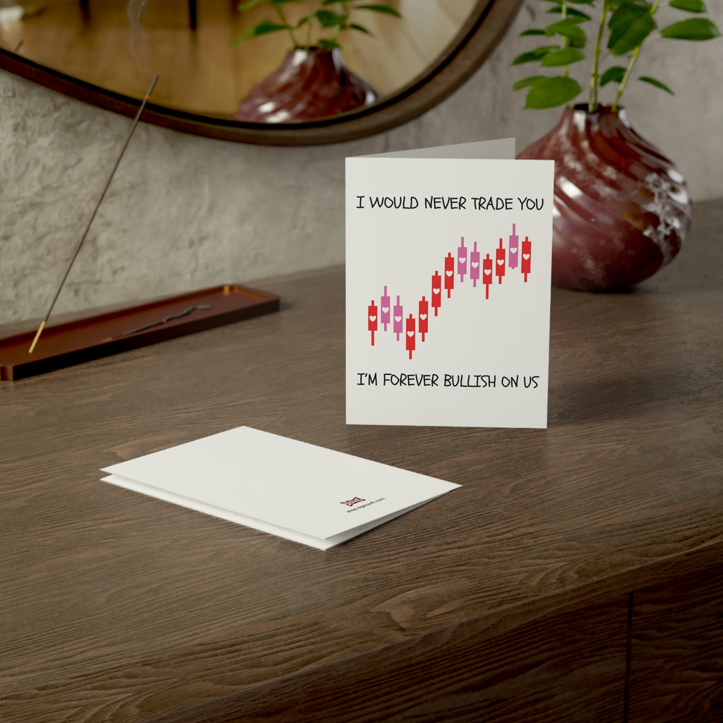 Trading-themed Valentine’s Day card with bullish candlestick chart on a wooden desk