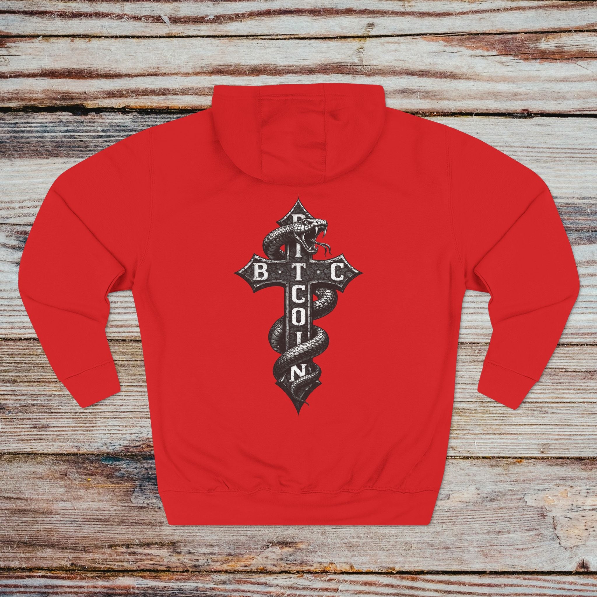 Red crypto hoodie with Bitcoin logo on the back