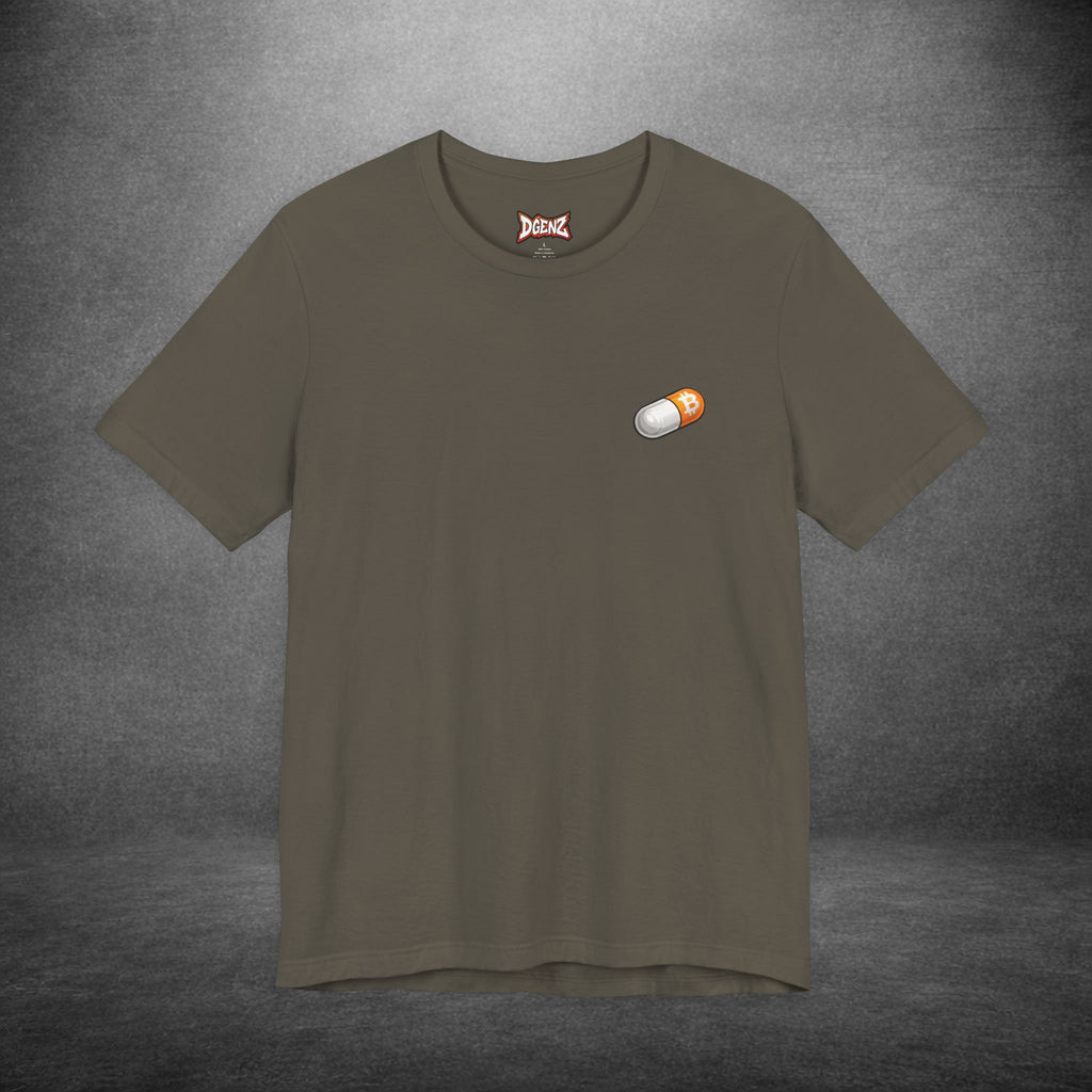 Minimal bitcoin t-shirt with small orange pill chest logo