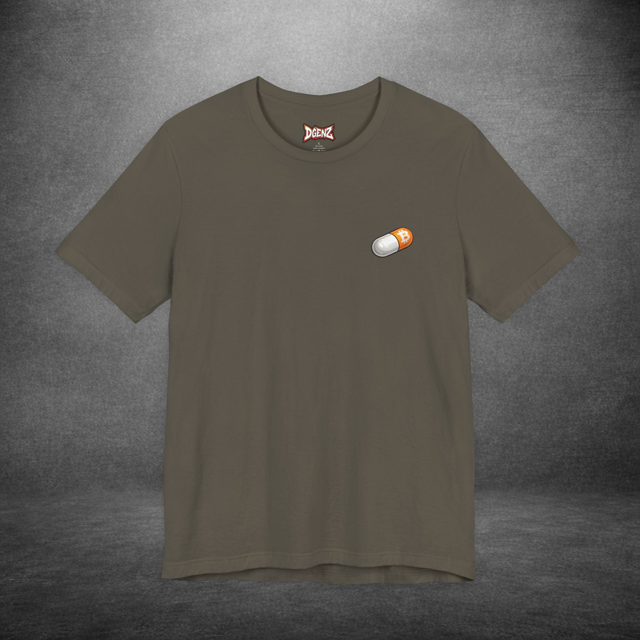 Minimal bitcoin t-shirt with small orange pill chest logo
