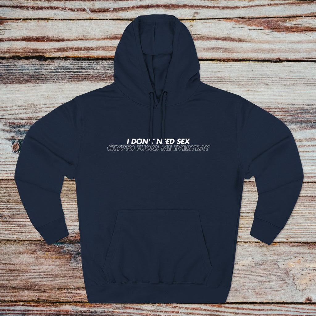 Navy crypto trading hoodie with meme slogan