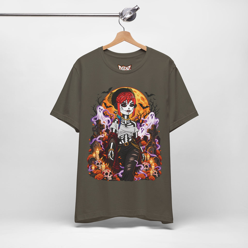 Army DGENZ Haunted Sugar Skull NFT T-Shirt hanging mockup with Halloween artwork