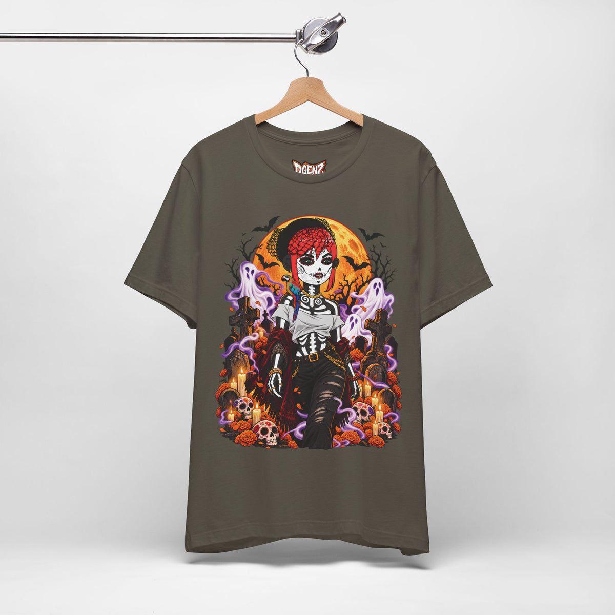 Army DGENZ Haunted Sugar Skull NFT T-Shirt hanging mockup with Halloween artwork