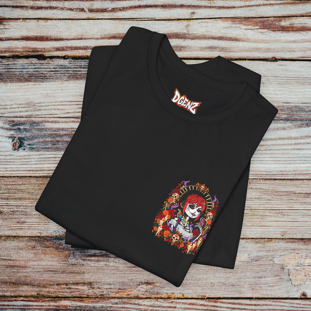 Folded black DGENZ Sugar Skull NFT T-Shirt with Día de los Muertos character design