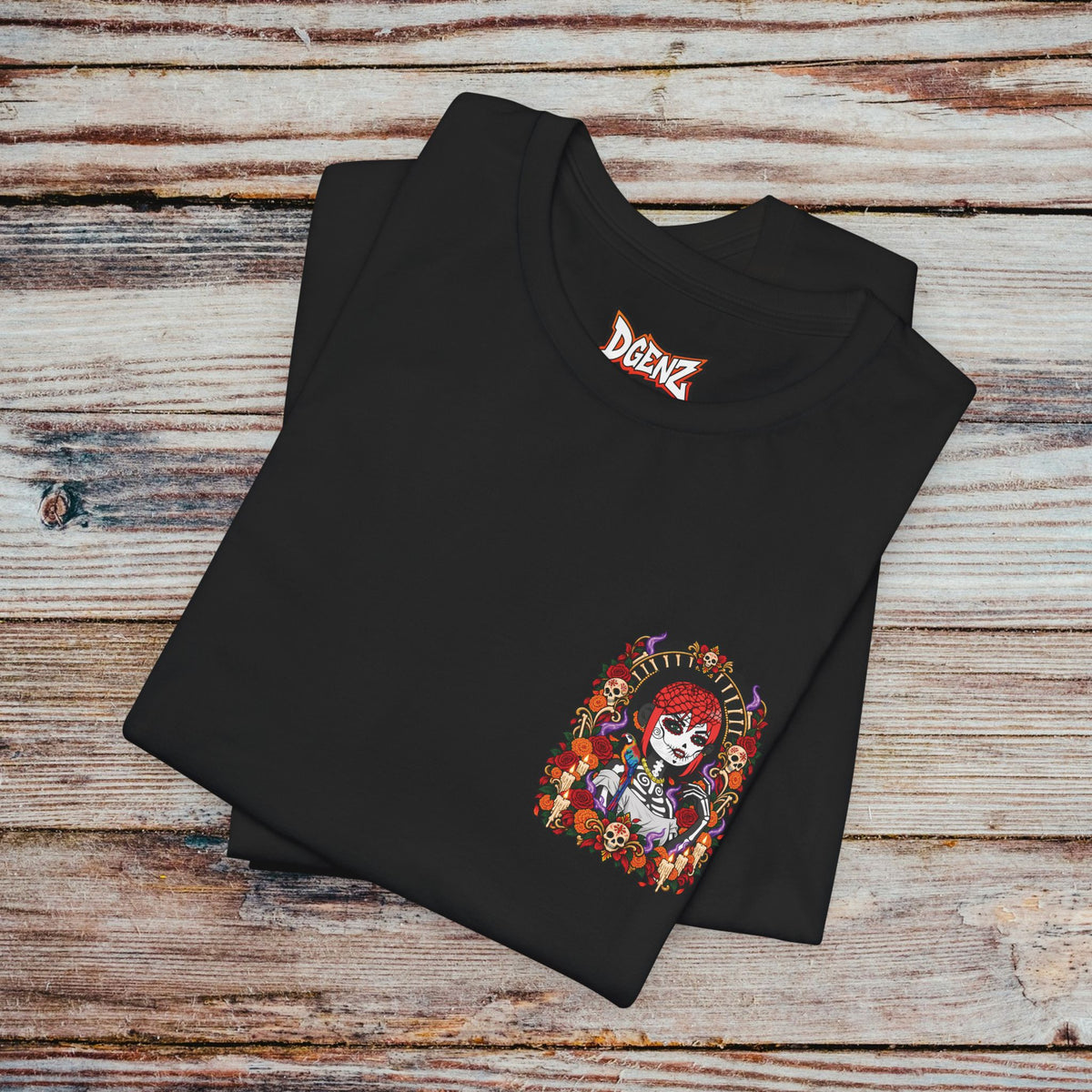 Folded black DGENZ Sugar Skull NFT T-Shirt with Día de los Muertos character design