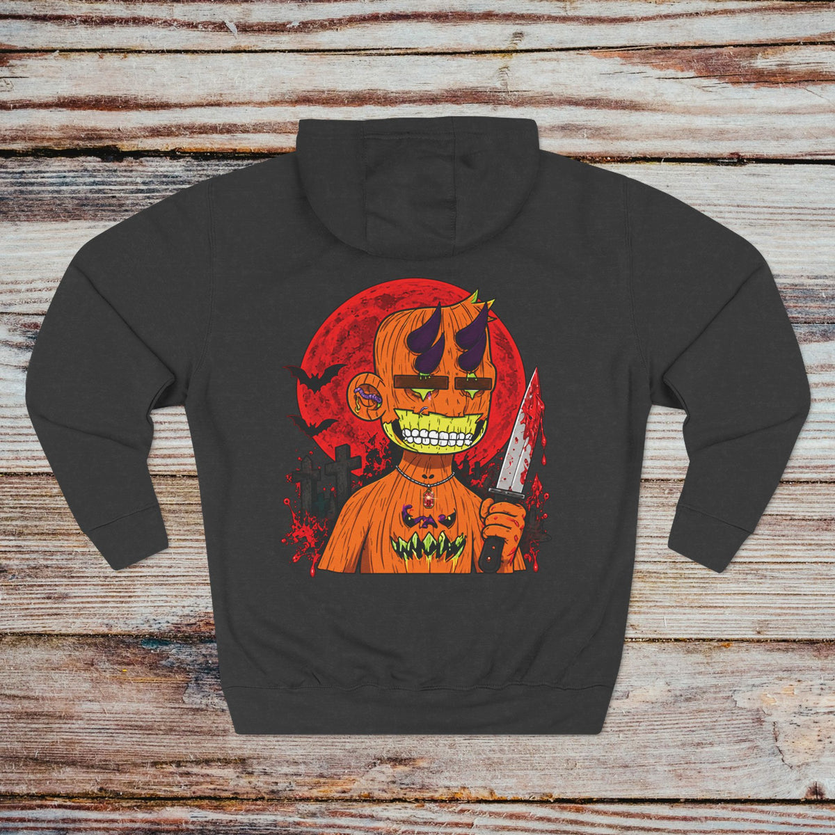 Charcoal Heather DGENZ Halloween Hoodie back with Radiated Boyz pumpkin graphic