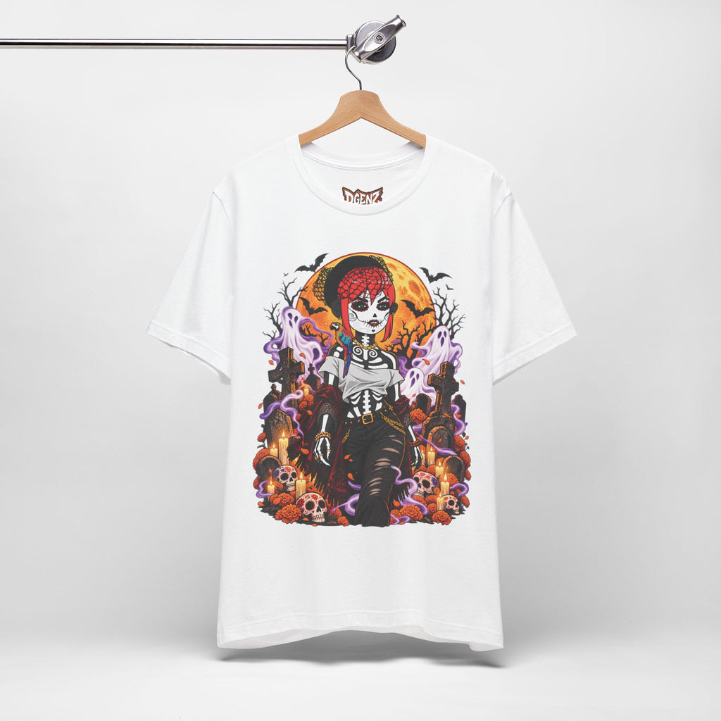 1. White DGENZ Haunted Sugar Skull NFT T-Shirt with gothic graveyard Halloween design