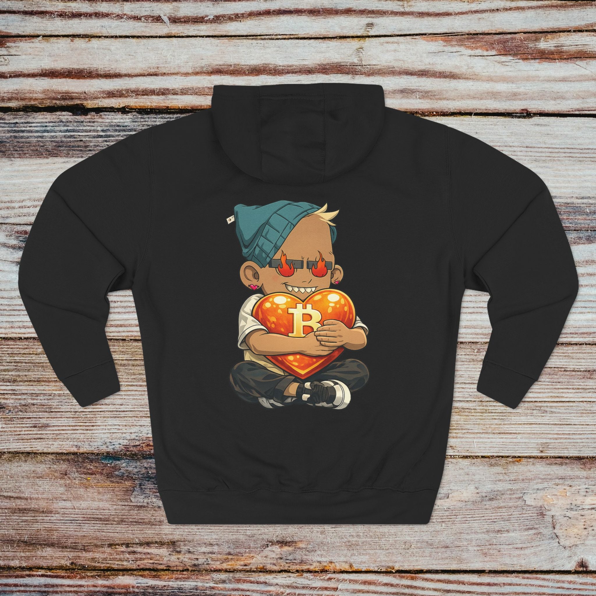 Dgenz Love Bitcoin hoodie back graphic Degen Boy hugging Bitcoin