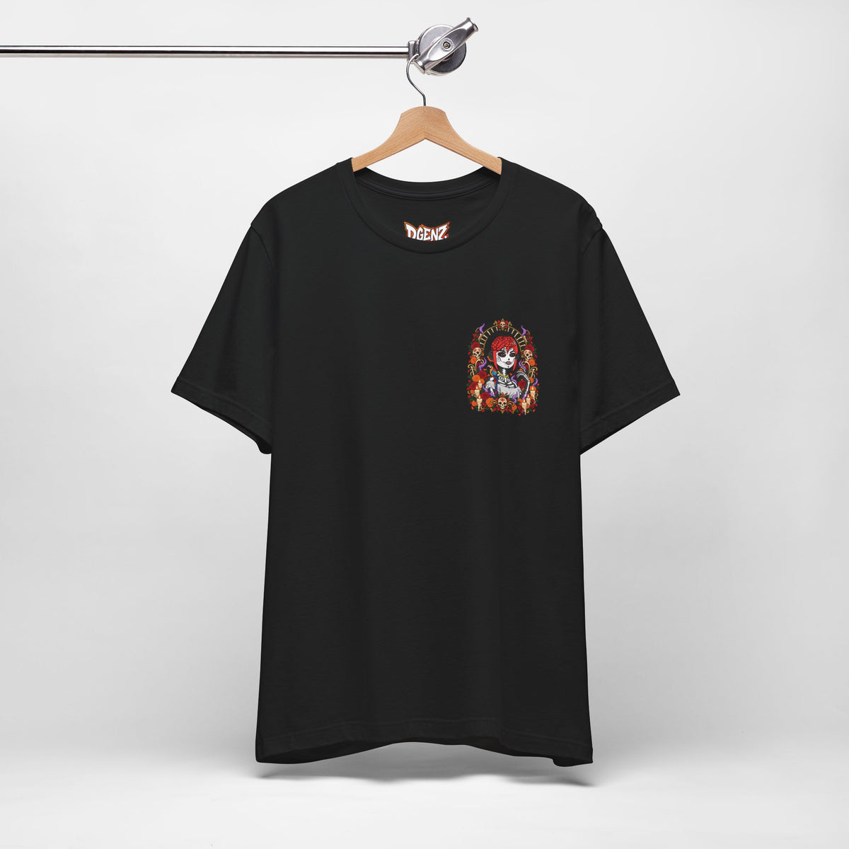 Black DGENZ Día de los Muertos T-Shirt hanging mockup with sugar skull NFT artwork