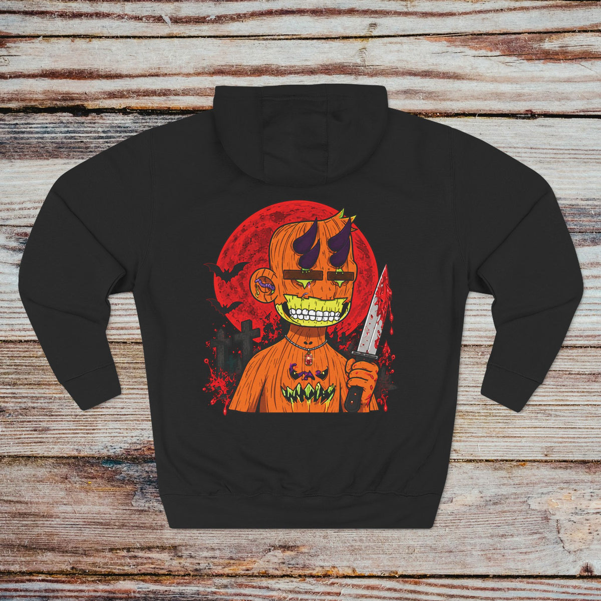 Black DGENZ Pumpkin Horror Halloween Hoodie back with Radiated Boyz artwork