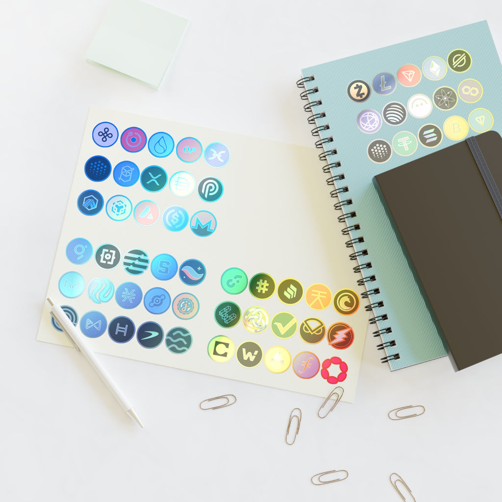 holographic crypto logo sticker sheet