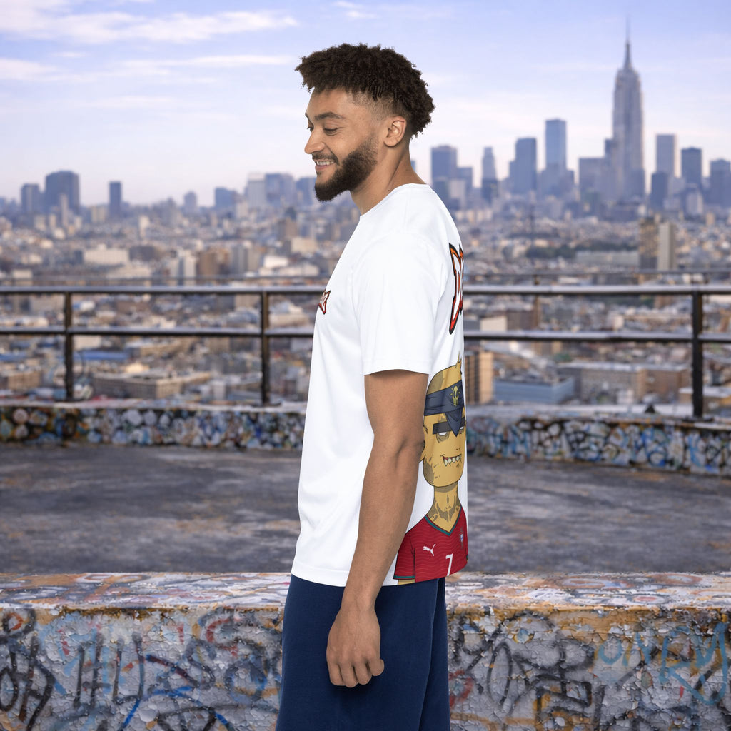 Male model wearing Portugal Cristiano Ronaldo #7 soccer jersey on urban rooftop backdrop