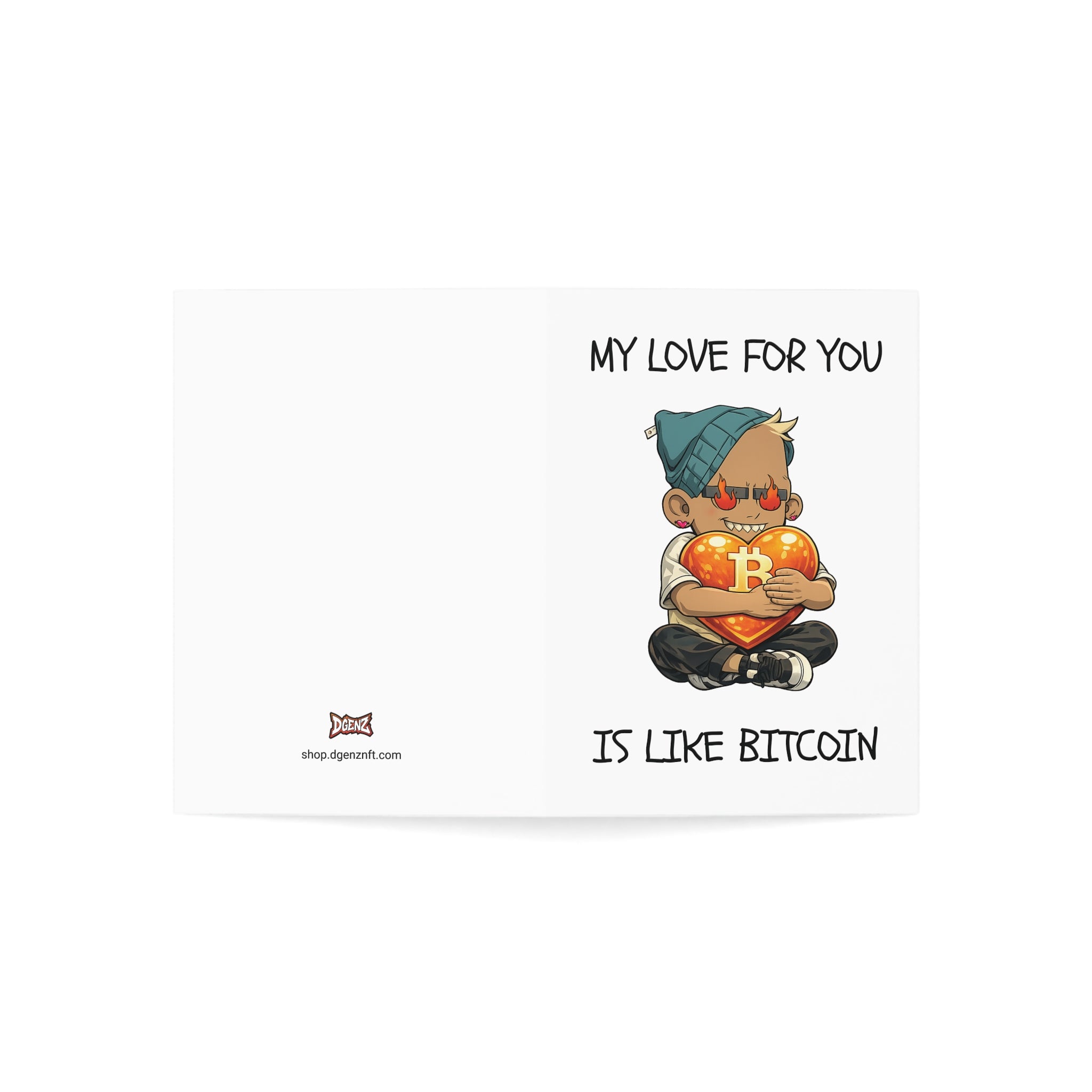 Degen Boyz NFT Bitcoin love card front design with cartoon character holding a Bitcoin heart
