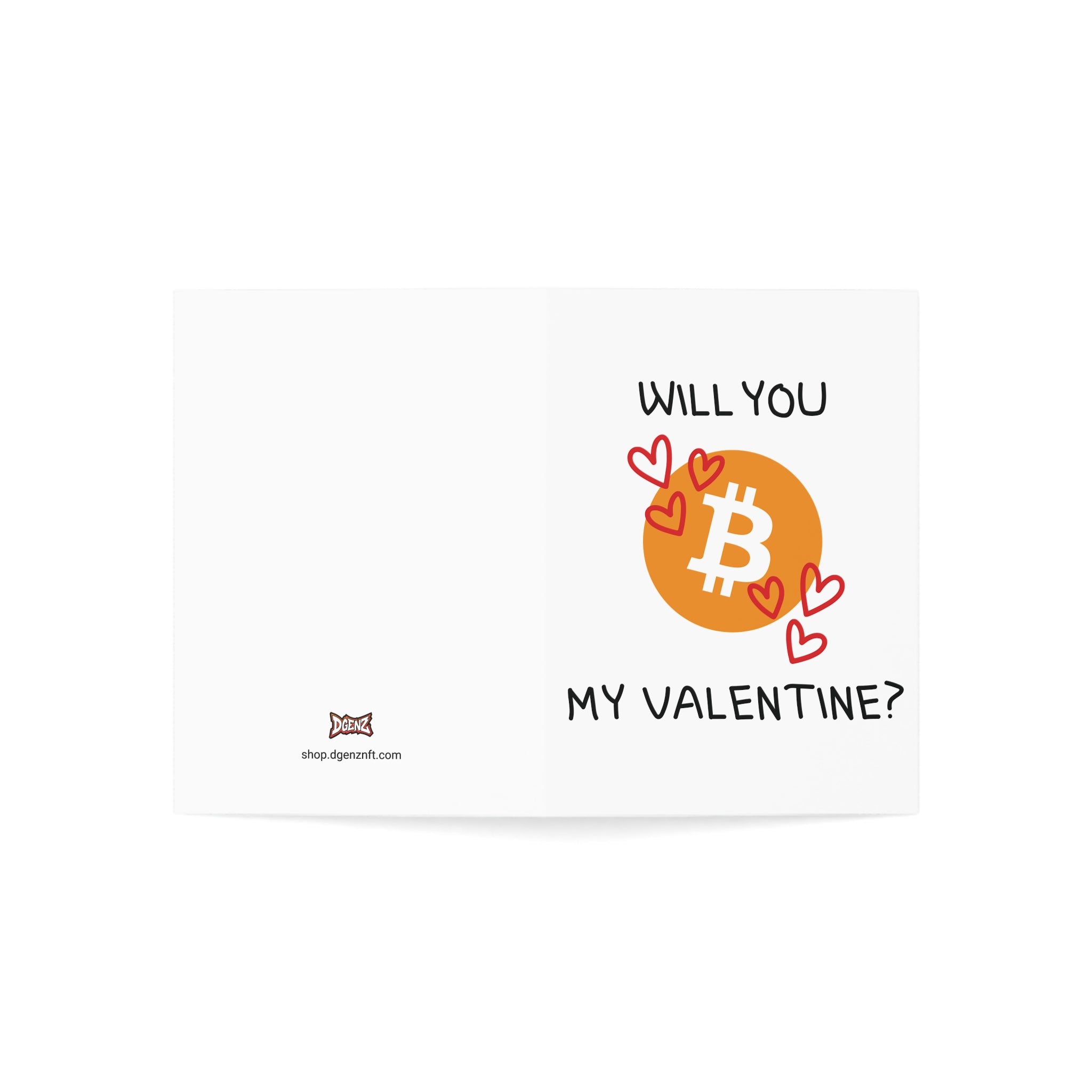 Bitcoin love card front design featuring orange Bitcoin symbol and Valentine’s message