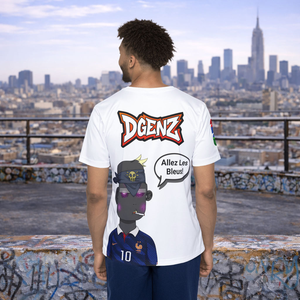 Back view of France #10 Kylian Mbappé football jersey with customizable speech bubble design