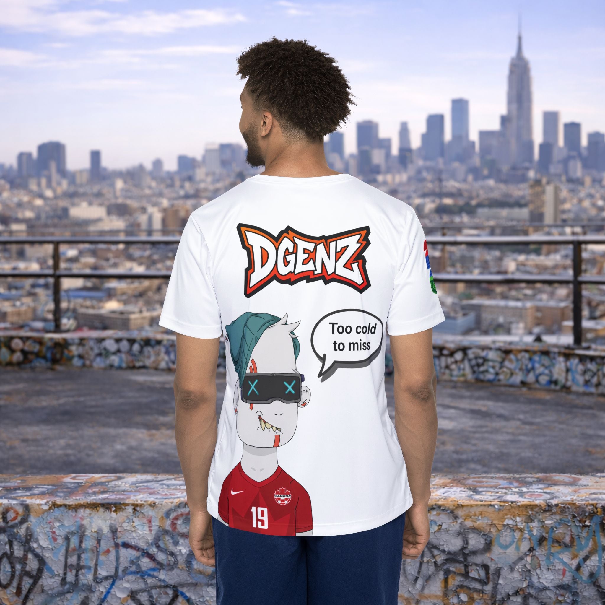 Back view of FIFA x DGENZ Canada #19 soccer jersey with customizable speech bubble design