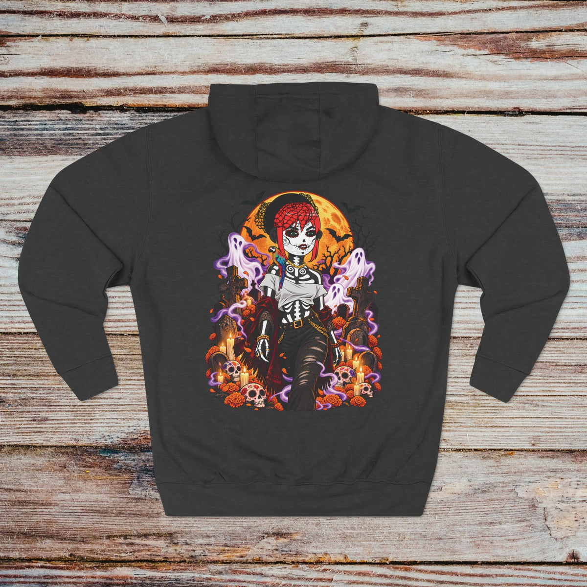 Charcoal Heather DGENZ Halloween Hoodie back with gothic sugar skull design