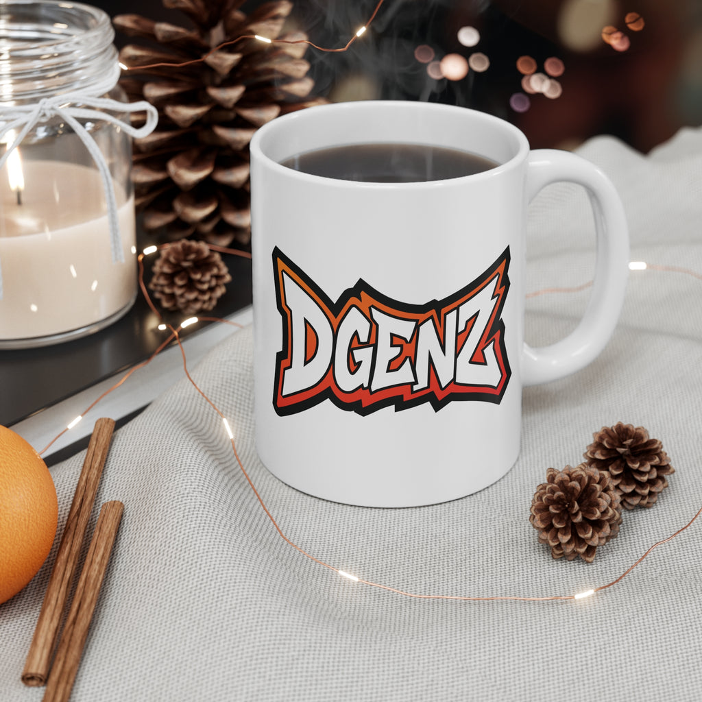 Crypto trader coffee mug featuring the Dgenz logo