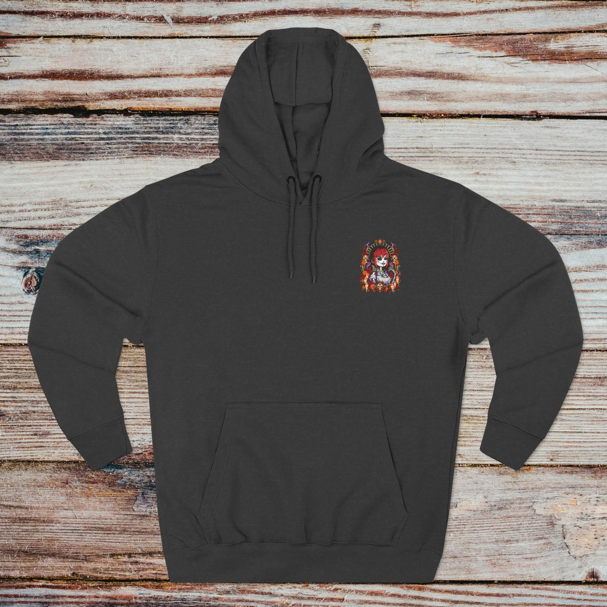 Charcoal Heather DGENZ Calavera NFT Hoodie front with chest artwork