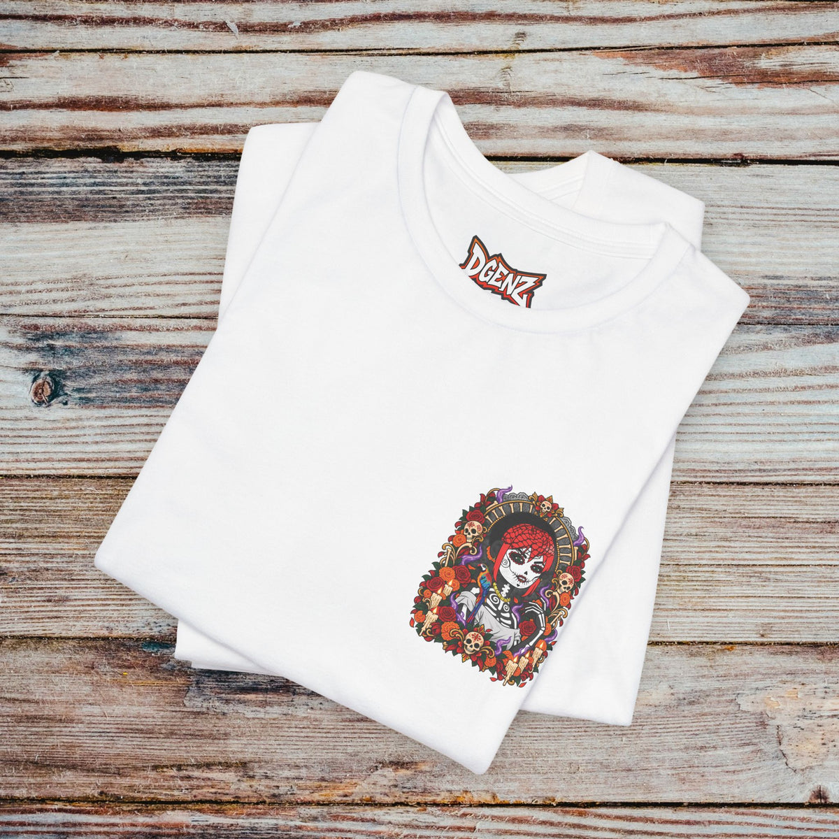 Folded white DGENZ Día de los Muertos NFT T-Shirt with detailed chest graphic