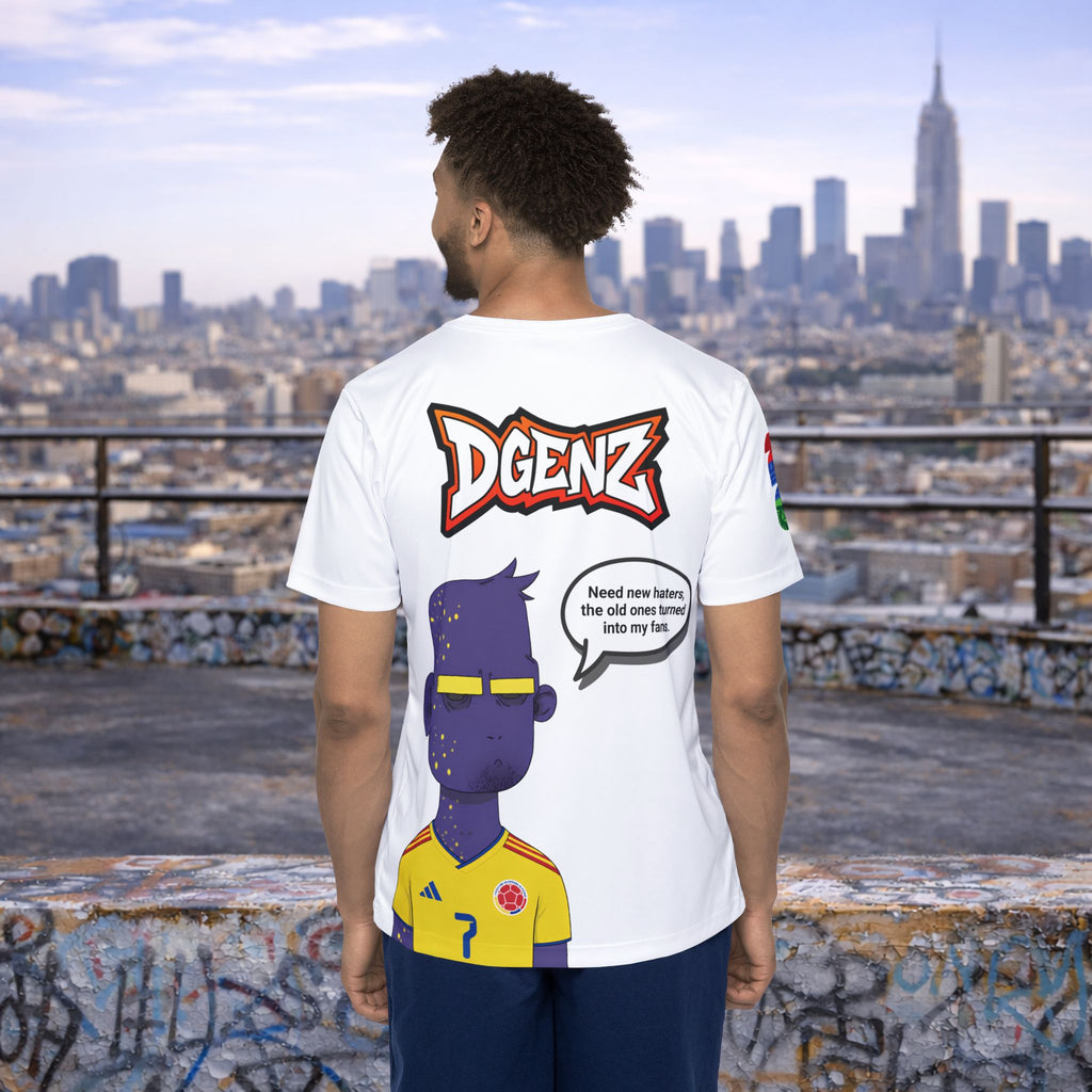 Back view of male model wearing FIFA x DGENZ Colombia #7 Luis Díaz jersey with customizable speech bubble graphic
