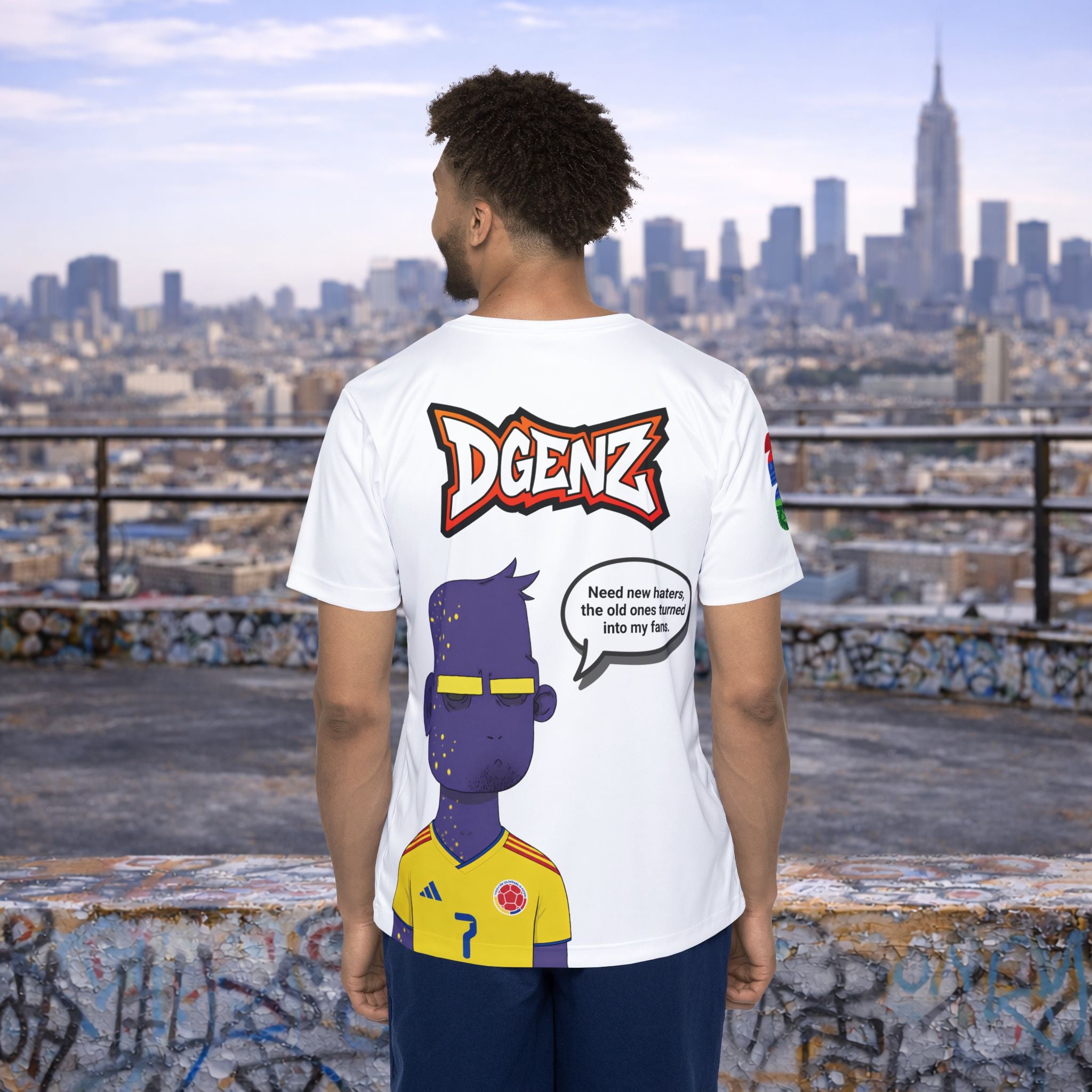 Back view of male model wearing FIFA x DGENZ Colombia #7 Luis Díaz jersey with customizable speech bubble graphic
